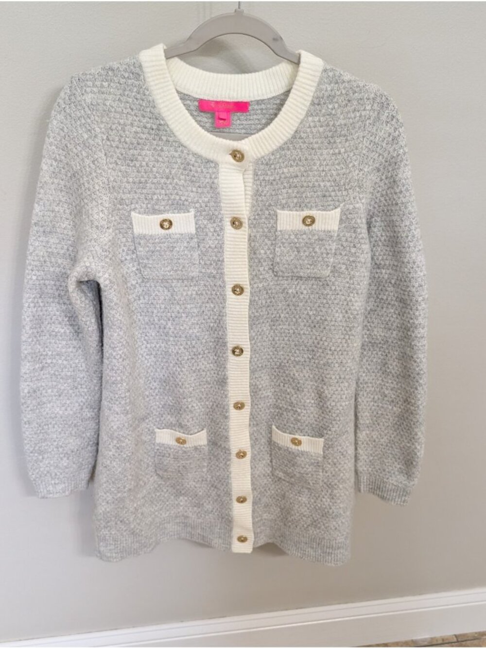 Lilly Pulitzer Davison Sweater Cardigan Size Medium Grey White Gold Buttons